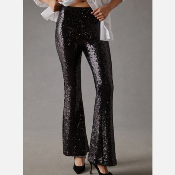 NWT Anthropologie Joni Sequin Flare Pants Black Cocktail Disco Holiday Size 2